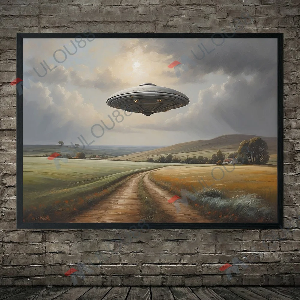 Moody Vintage UFO Art Poster And Print Home Decoration Moonlight Landscape UFO Canvas Painting Surreal Fantasy Wall Art Unframed