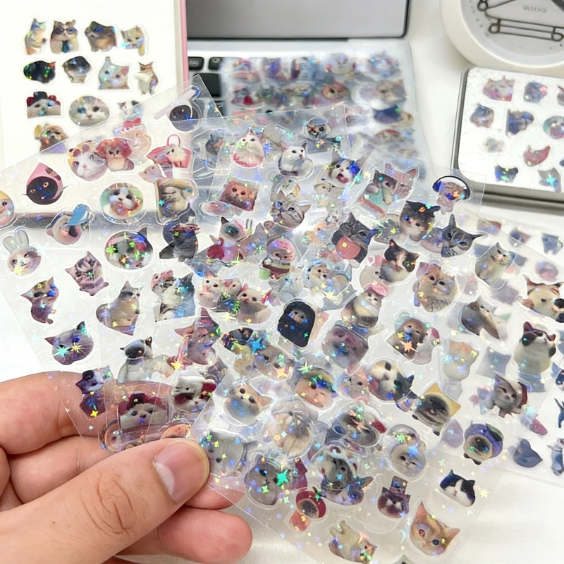 

10Pcs Adorable Shining Cat Meme Laser Stickers Japanese Retro Journal Scrapbooking DIY Decal Cute Phone Case Decoration for Kids
