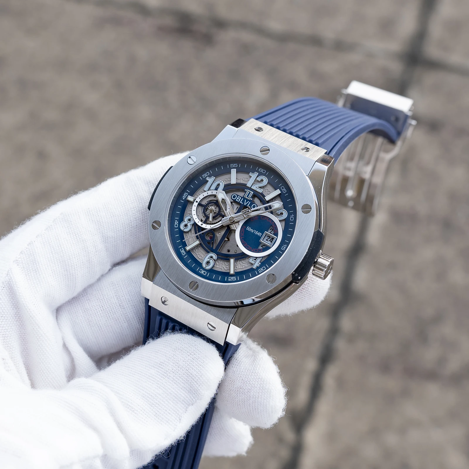 

OBLVLO мужские автоматические часы 44 мм с синим циферблатом и датой, водонепроницаемый резиновый ремешок, механические часы из нержавеющей стали 316L HM