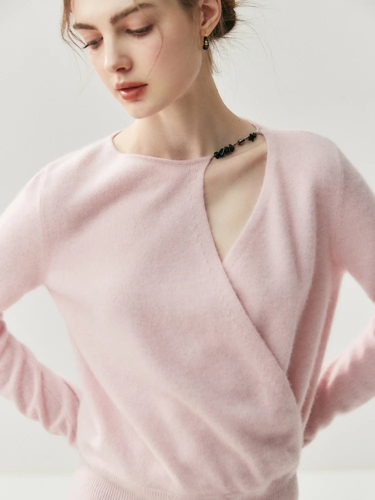 

TLOML Women's 100% Cashmere Sweater Asymmetric Cross Collar Pullover Office Lady Cashmere Knitwear Luxury Series Soft Warm Tops