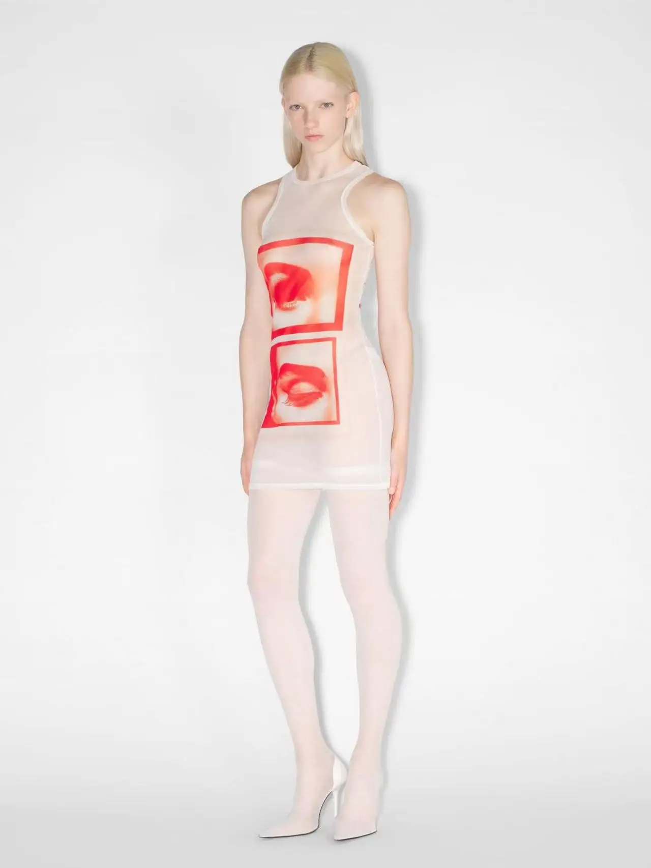 Sexy Mesh See-through Vest Dress with Portrait Eye Print And Butt-hugging Skirt for Trendy Girls Casual Spring Summer Polyest...