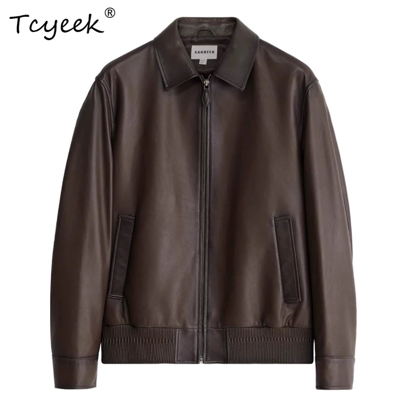 

Tcyeek Натуральная овчина Весна Осень Высококачественная модная однотонная мужская куртка с лацканами Куртка Кожаная Мужская 가죽 자켓