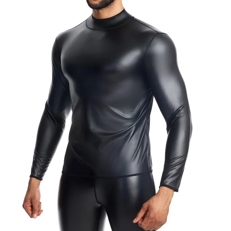 Men Wet Look Long Sleeve Half High Collar T-Shirt Bodybuilding Top Body Shapers Waist Trainer Shapewear Blouse Muscle Casual Top