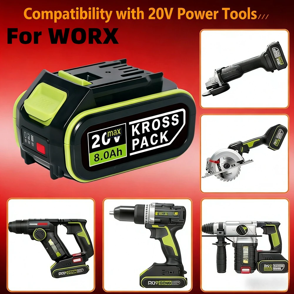 

Сменный литий-ионный аккумулятор WORX 20V MAX 4Ач/6Ач/8Ач повышенной емкости для WA3054 WA3023 WA3027 со светодиодным индикатором