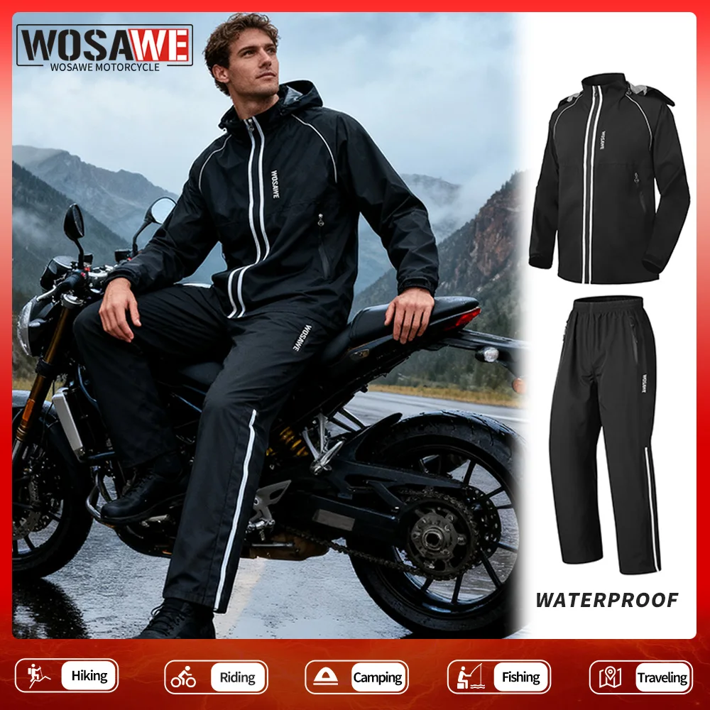 

WOSAWE мотоциклетный плащ, легкий водонепроницаемый пальто с капюшоном и брюки, осенний дождевик для занятий спортом на открытом воздухе со светоотражающей полосой