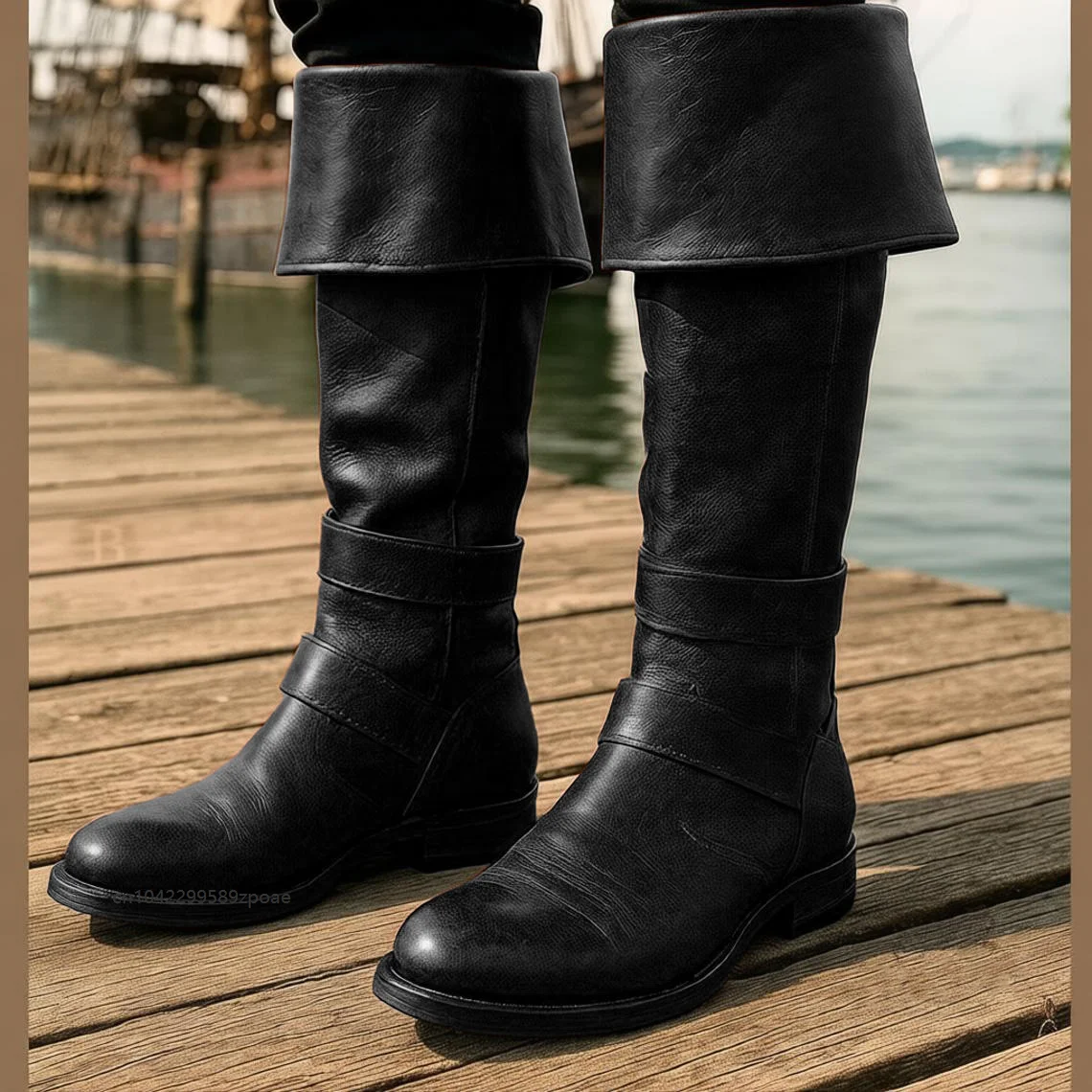 Vintage Pirate Fold Over Cuff Knee High Boots Medieval Renaissance Cosplay Cowboy Shoes Halloween Party Stage Dress Up Bootes 3