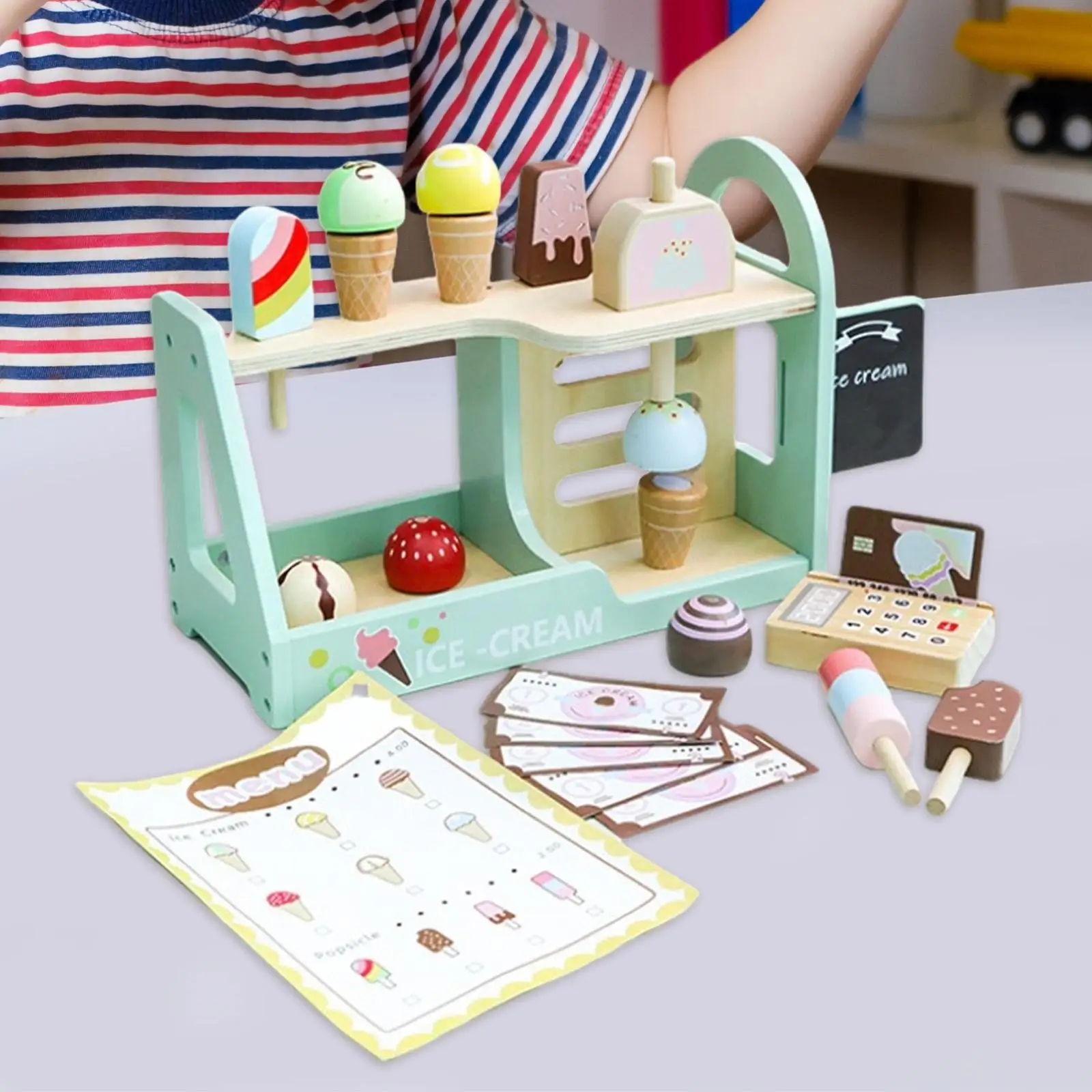 Wooden Ice Cream Counter Role Play Playset, Pretend Play Brinquedos, Conjunto de picolé para meninos e meninas, idades 3, 4, 5, 6 anos