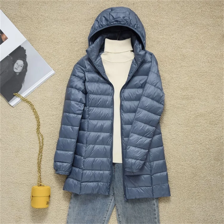 

2023 Autumn Winter Big Size Women Hooded Down Coat Lady Midi Long White Duck Down Jacket Slim Female Down Jackets Coats WZ2314