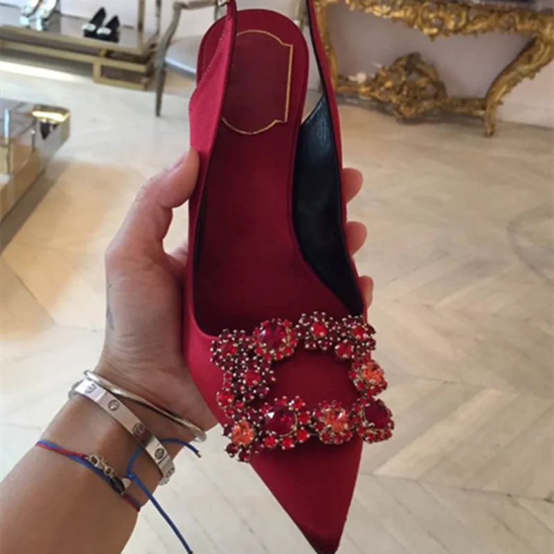 Kobiety Cienkie obcasy 7cm/9cm Obcas Slingback Pasek z tyłu Sandały na wesele Kryształowa kolorowa klamra Jedwabne plamy Buty Pointy Toe 33-43
