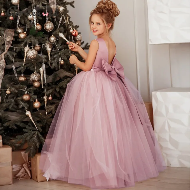 Christmas Big Bow Lace Bridesmaid Dress for Girl Costume White Wedding Party Princess Dresses First Communion Birthday Ball Gown