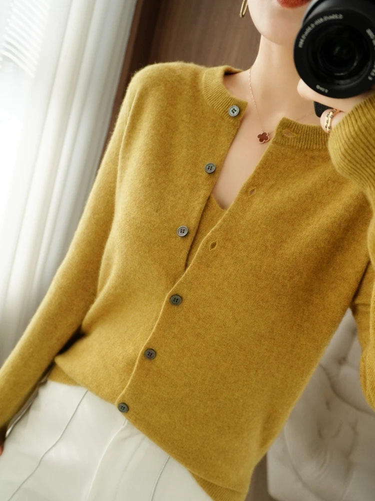 New Women O-neck Cardigan Spring Autumn Long Sleeve Cashmere Sweater 100% Merino Wool Knitwear Soft Comfort Clothing Tops