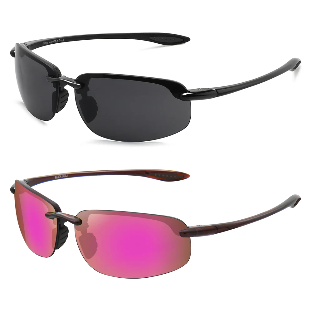2 Pack Gepolariseerde Sportzonnebril voor Mannen Vrouwen TR90 Lichtgewicht Randloos Frame UV400 Hardlopen Vissen Rijden 801