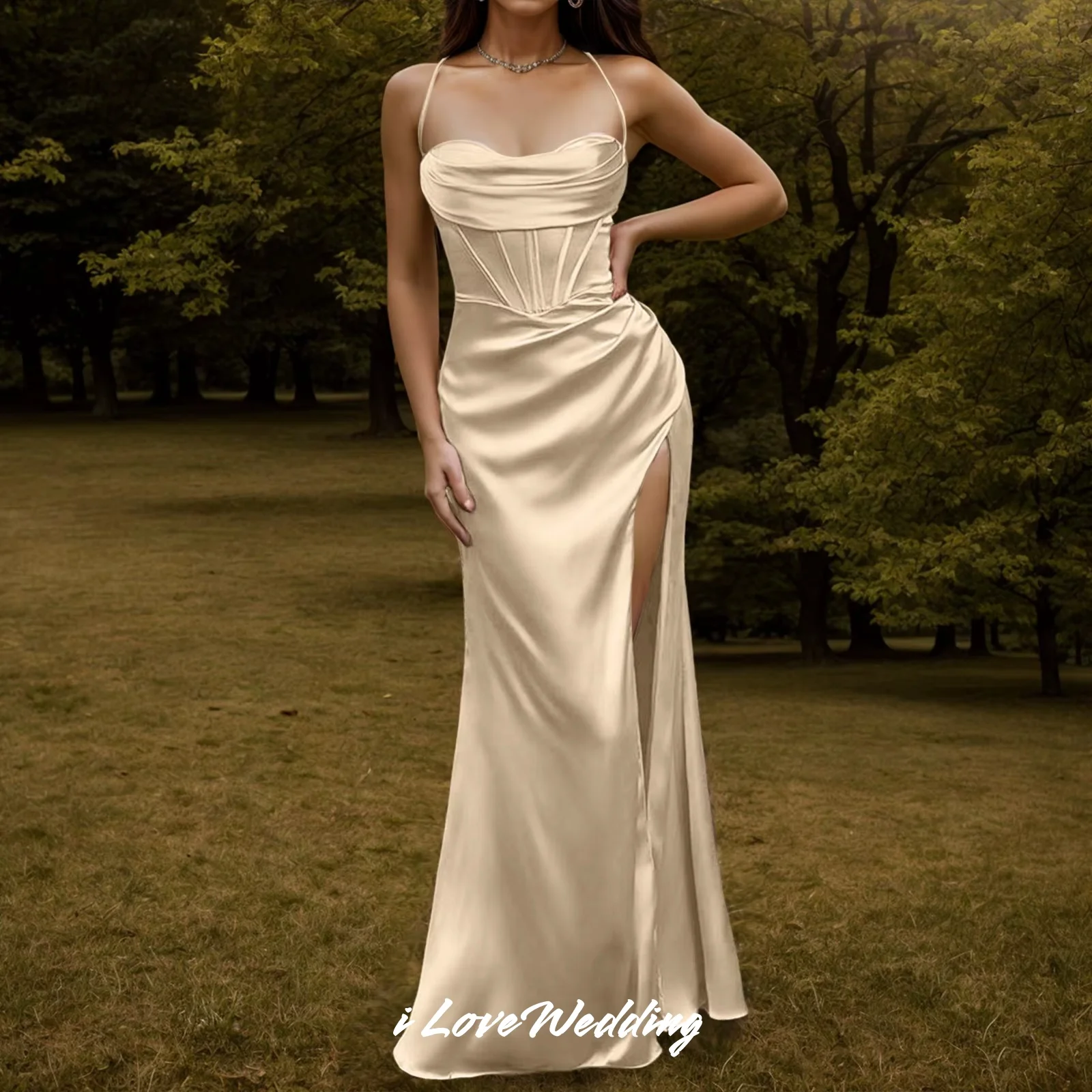 Abiti da sera eleganti con cinturino per spaghetti 2025 Abito da cerimonia nuziale diviso senza maniche a sirena pieghettata al pavimento personalizzato