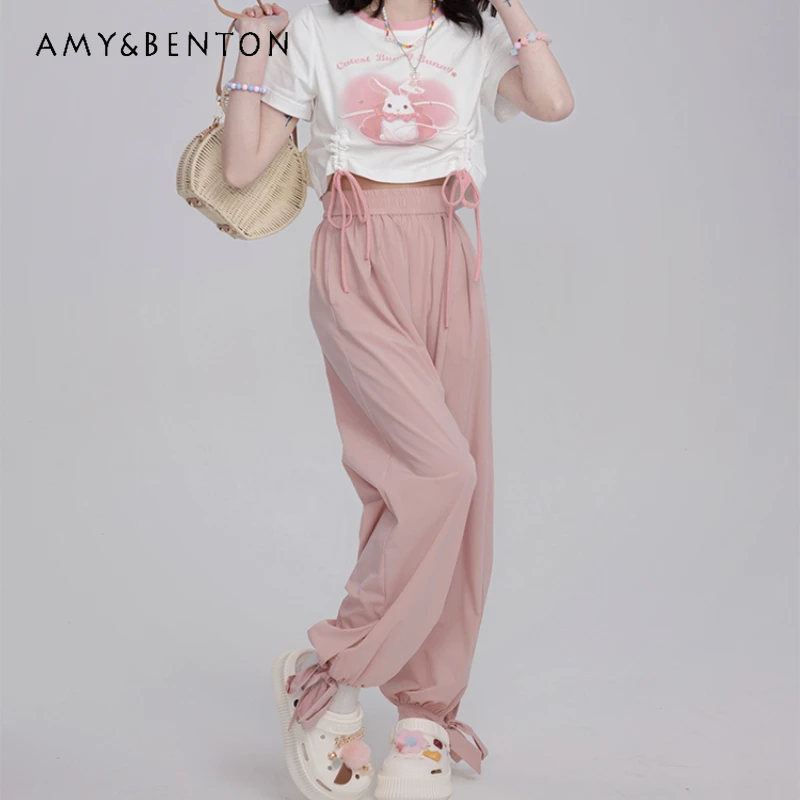 

2024 New Summer Sweet Cute Pink Loose and Thin Sunscreen Bow Wide-Leg Pants For Girl