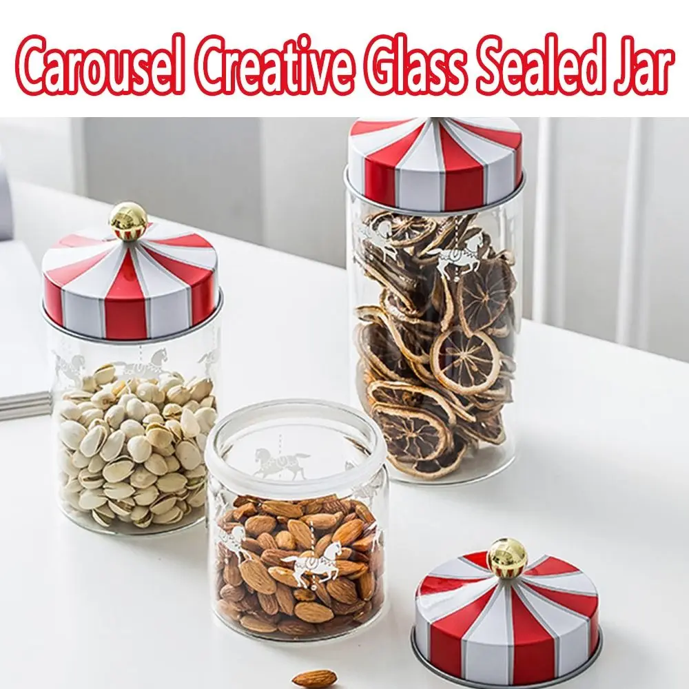 

Creative Nordic style Carousel Storage Jar Glass PVC Food Container Sealed with Lid Food Storage Bottle Sugar