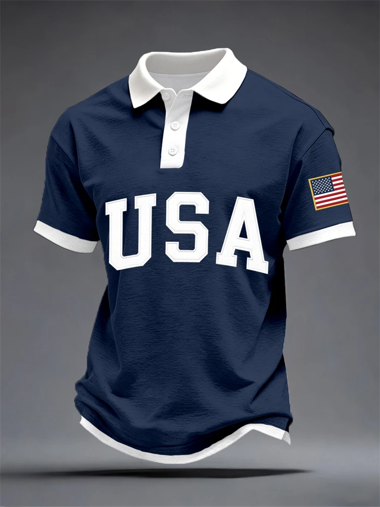 Anniversary-themed Short-Sleeve Shirt Men's Polo Shirt with National Flag Print Summer Outdoor Short-Sleeve Button-Down Shirt