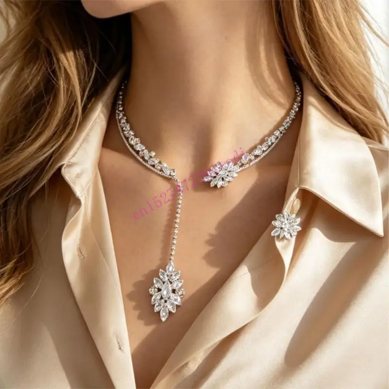 Wedding Necklace with Open Collar Faceted Stone Clusters, and a Drop Centerpiece in Alloy Construction M76B