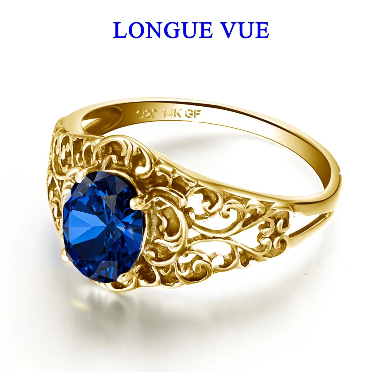 

14K Gold Filled Blue Corundum Ring for Women Hollowed-out Pattern Finger Jewelry Non Fading Genuine AU585 k Gold
