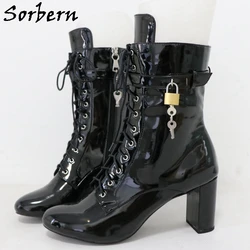 Sorbern Block High Heel Ankle Boots Unisex Lockable Zippers Top Straps With Locks Thick Platform Lace Up Shoes Short Booties