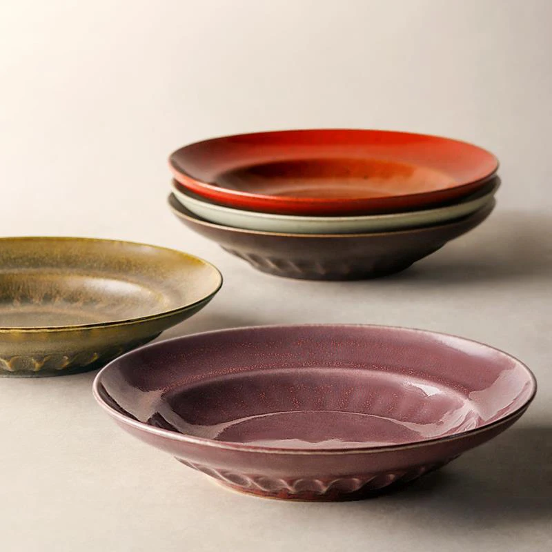 

Japan Style Ceramic Plates Handmade Steak Pasta Food Container Retro Resturant Shop Home Use Pottery 10 Colors Pigmented Dish