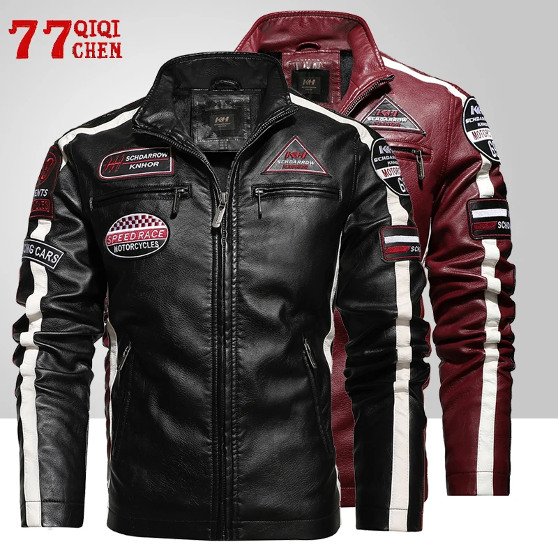 

Men's Motorcycle Leather Jacket Autumn Casual Patchwork Vintage Overcoat Biker PU Embroidery Bomber Zipper Fleece Jackets Male