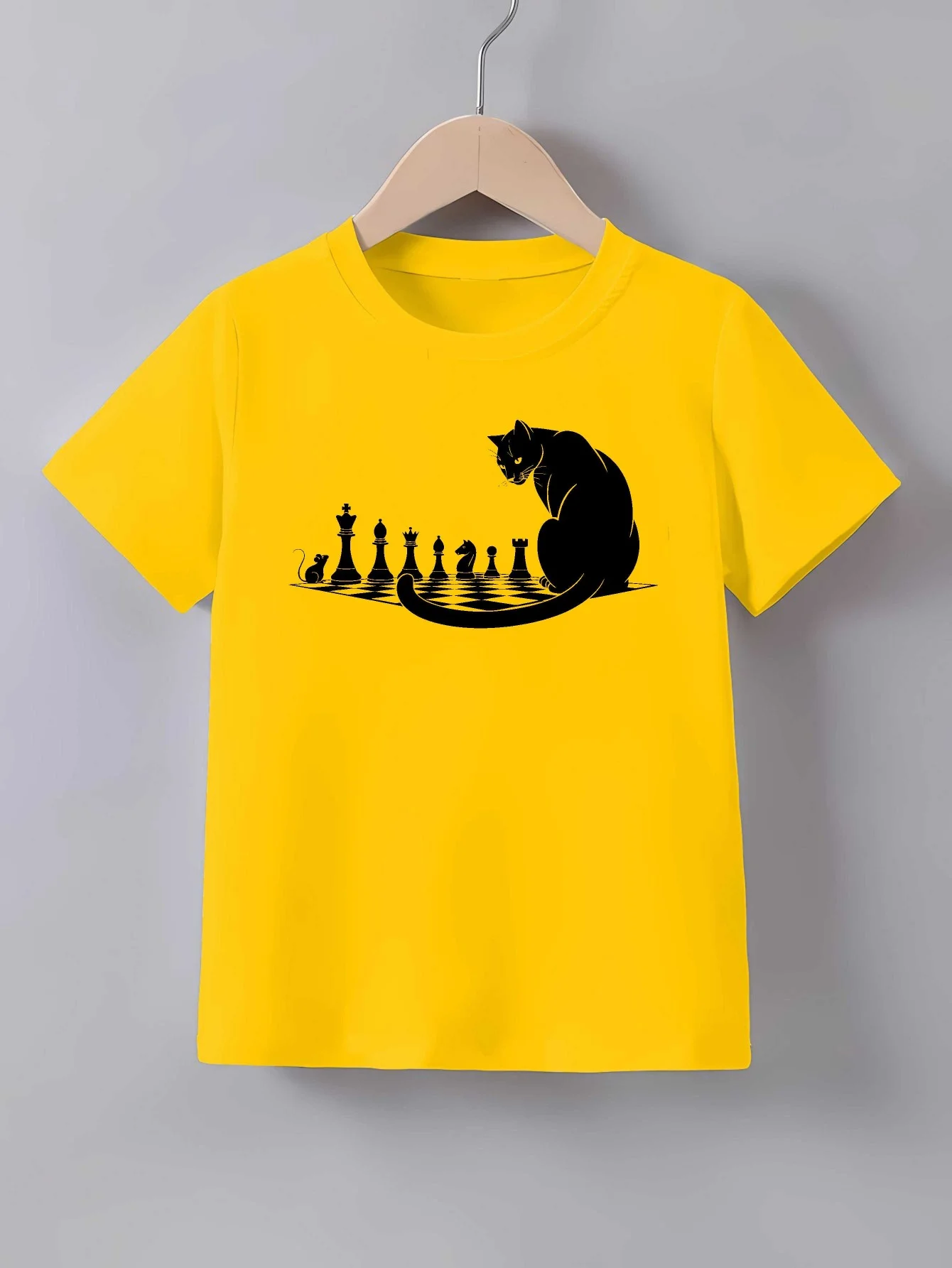 Black Cat Playing Chess Board Game Print T Shirt Family Matching Outfit Boys Girls Kids Short Sleeve Children Daily Tees