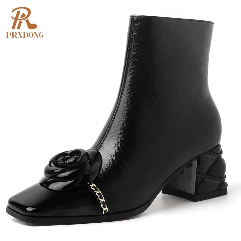 PRXDONG INS 2024 Nowa moda Jesień Zima Ciepłe botki do kostki Chunky High Heel Square Toe Gold Black Zipper Dress Party Lady Shoes