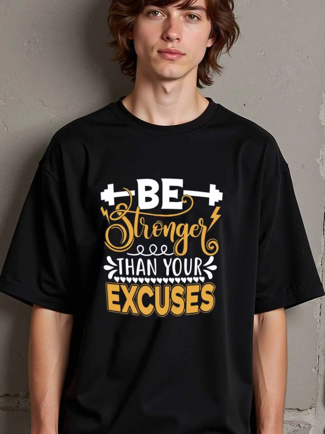 

Men's Motivational Fitness T-Shirt, "Stronger Than Excuses" - 100% Pure Cotton, 180g Heavyweight Fitness T-Shirt, Printed with Fitness Slogans and Barbell Designs, Black with Gold Lettering, Suitable for All Seasons, Casual and Fitness Wear, Ideal for Chr