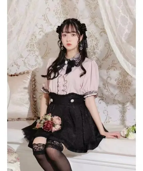 Japanese New Summer Sweet Lace Ruffled Mine Short Sleeve Shirt Female Girls Bowknot Loose Blouse Solid Color Tops