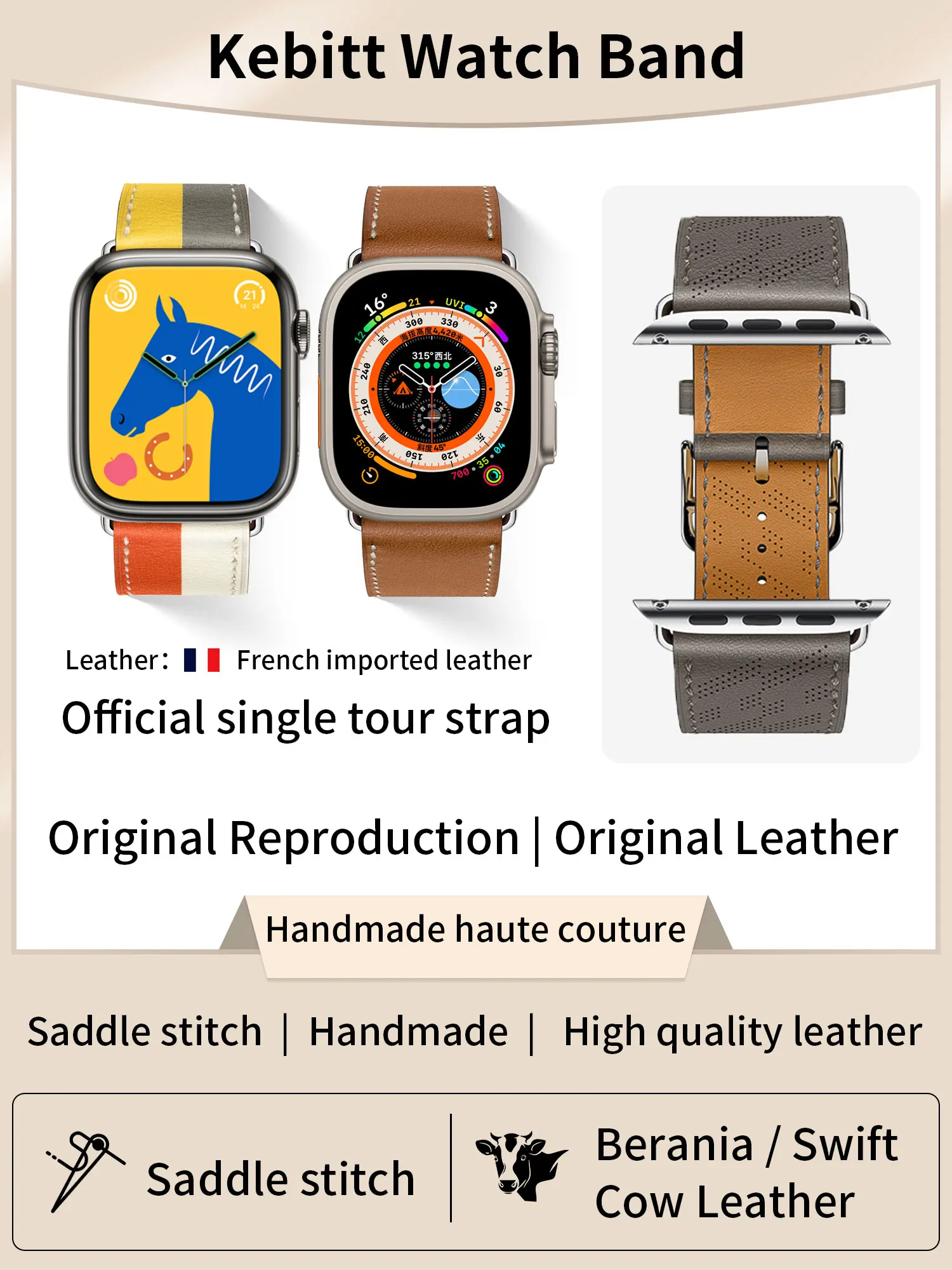 Kebitt High Quality Swift Barenia Leather Single Tour Iwatch Band For Apple Watch Ultra 8 7 6 Se 5 4 Strap 40 44 41MM 45MM 49MM