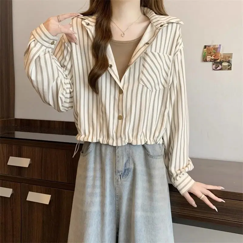 Camisas de manga larga fruncidas a rayas para mujer, blusa informal para primavera y otoño, Tops de Joker diarios coreanos a la moda para mujer 2025