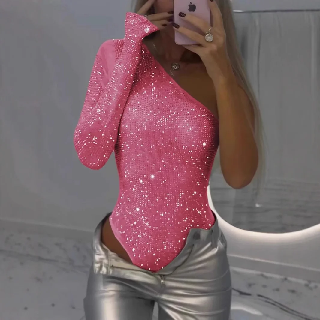 Women\'s One Shoulder Sequin Bodysuit Sexy Glitter Asymmetric One Shoulder Rhinestone Sequin Top Women\'s Bodysuit 2025 New Tops