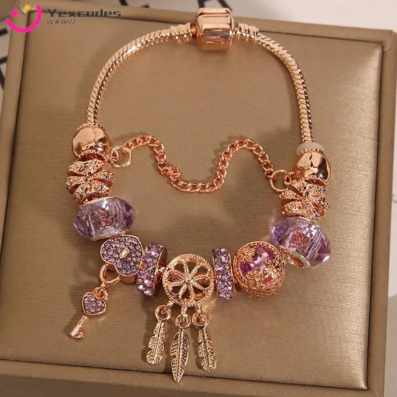 Yexcodes Lavender Purple Crystal Bracelet for Female Ins Small Design Fine Dream Catcher Love Lock Pendant Bracelet Bracelet