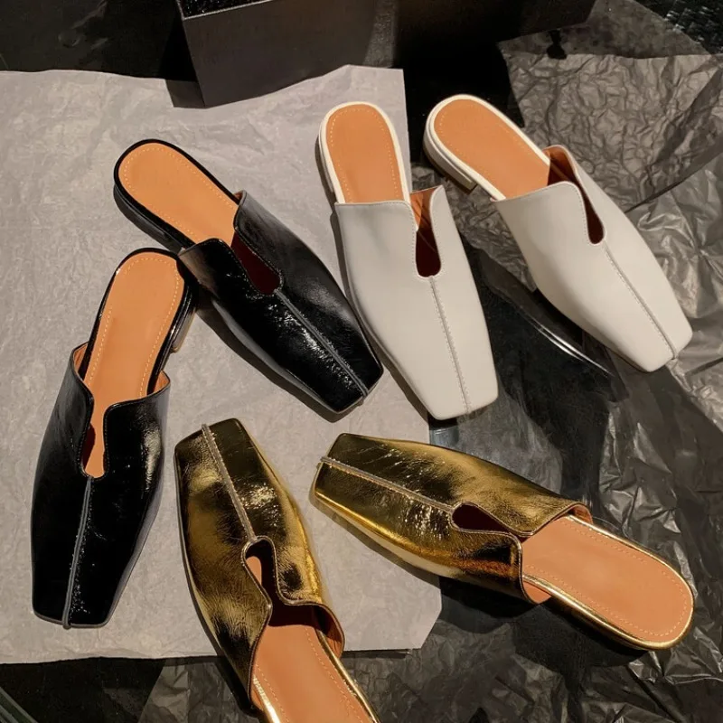 Fashion Vintage Cowhide Mules Low Heel Cover Toe Slippers Women 2024 Spring Summer Outdoor Shoes Square Toed Gold Slides Female