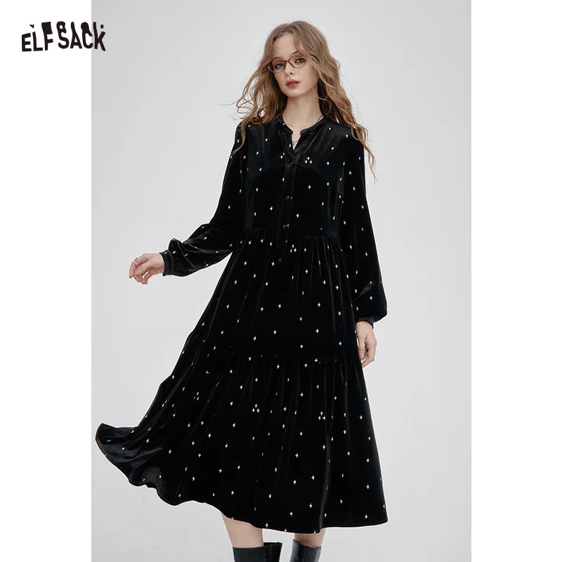 

ELFSACK 2025 Winter New Arrivals Elegant Star Graphic Round Neck Formal Long Dress For Woman
