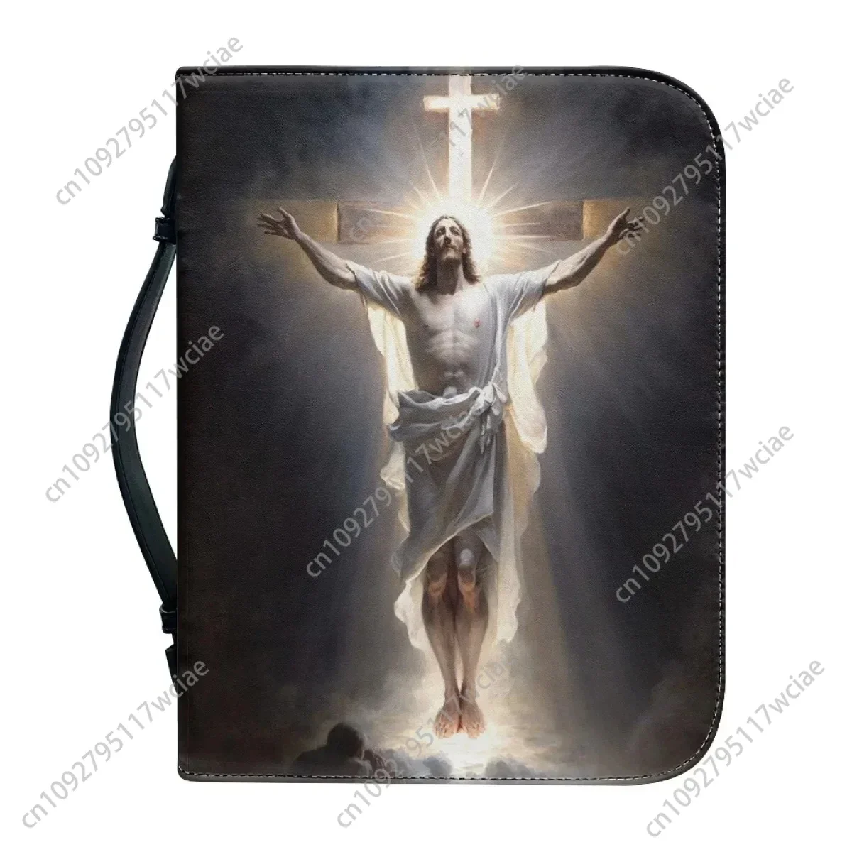 

Jesus Pattern Print Bible Cover Case Leather Bible Bag for Women Zipper Handle Handbags Christian Practical Bible Storage Bags