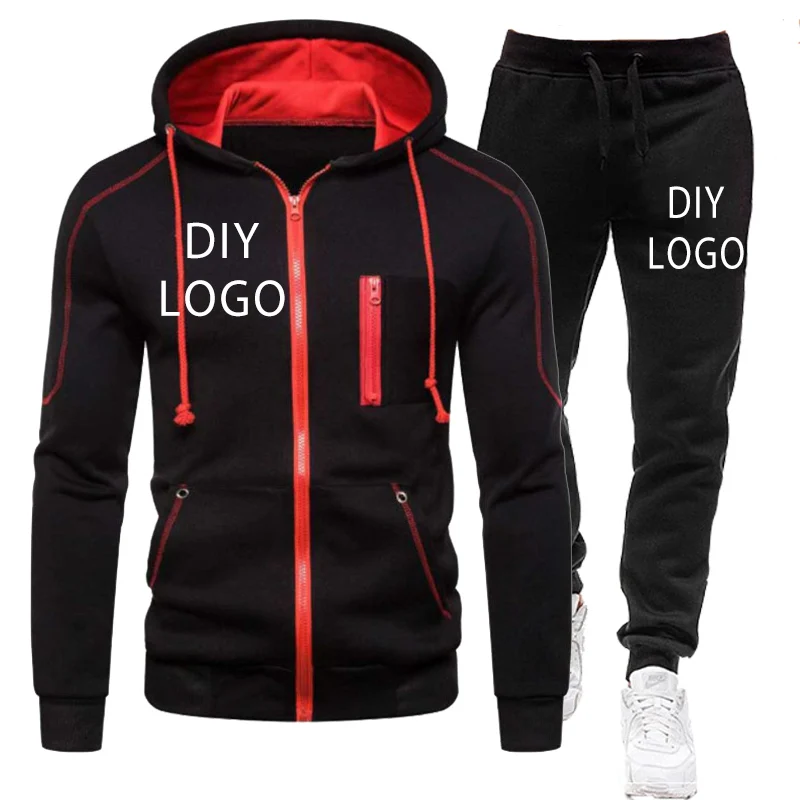 Homens DIY LOGO Tricô Outono Inverno Manga Longa Com Capuz e Calças Esportivas Casual Zipper Design Casaco Running Ternos