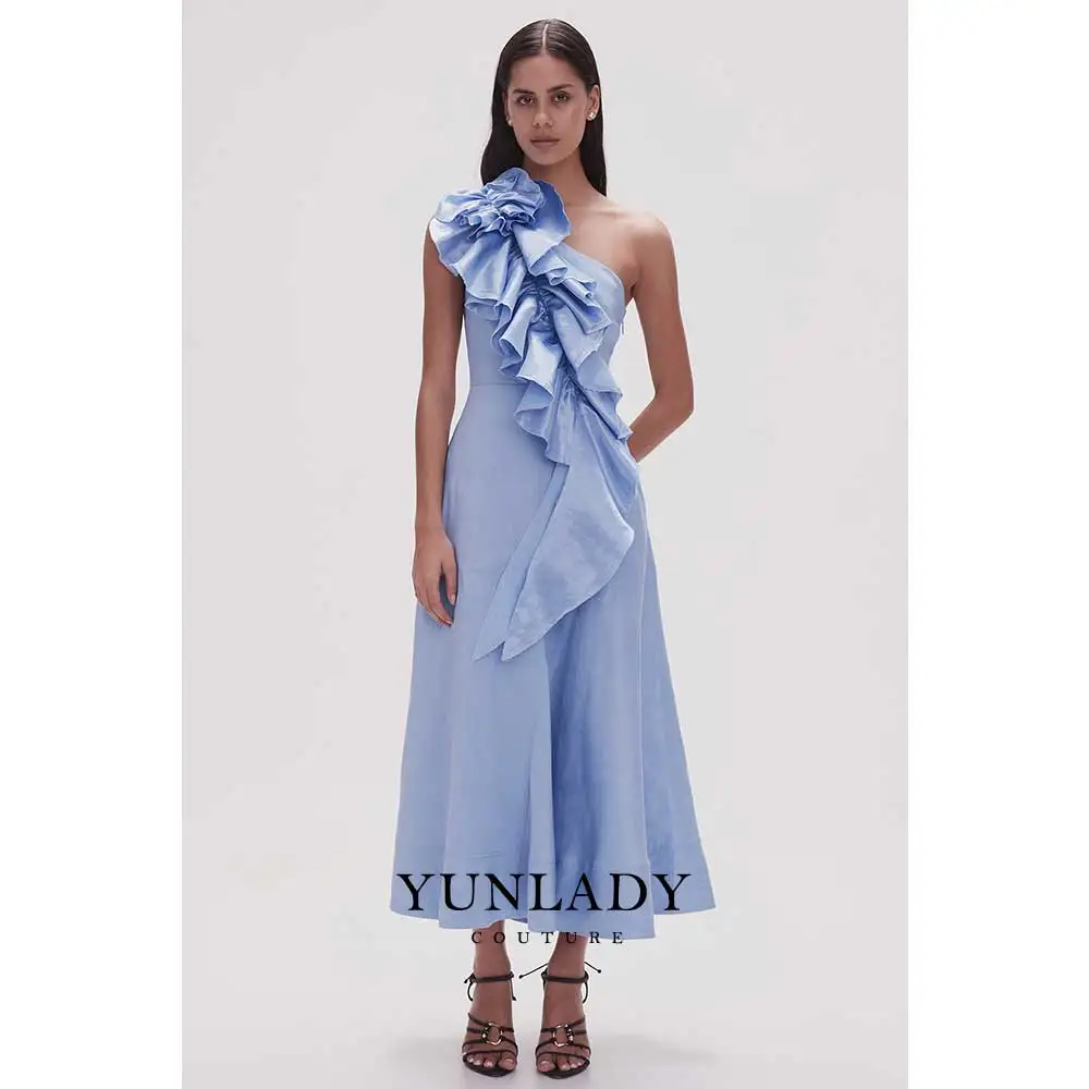 YUNLAN Gorgeous Sky Blue Satin One Shoulder Sleeve Cocktail Ball Dress 2024 Women Wedding Guest Ruffle Midi Dress Party Dress