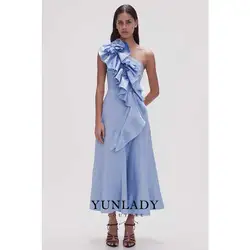 YUNLAN Gorgeous Sky Blue Satin One Shoulder Sleeve Cocktail Ball Dress 2024 Women Wedding Guest Ruffle Midi Dress Party Dress