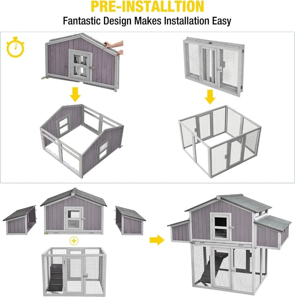 Polloero doble plegable, casa de madera de abeto con caja de anidación grande, mejora de jaula para aves de corral con marco de hierro fuerte y duradero