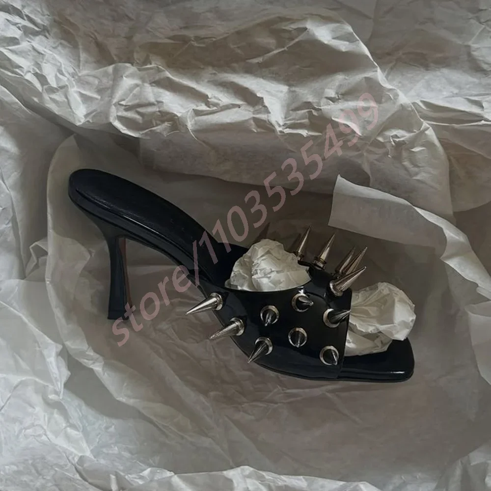

Sexy Ladies Rivet Open Stilettos Mule Slippers 2025 Summer New Outdoor Beach Vacation Fashion Party Casual Slip On Roman Slides