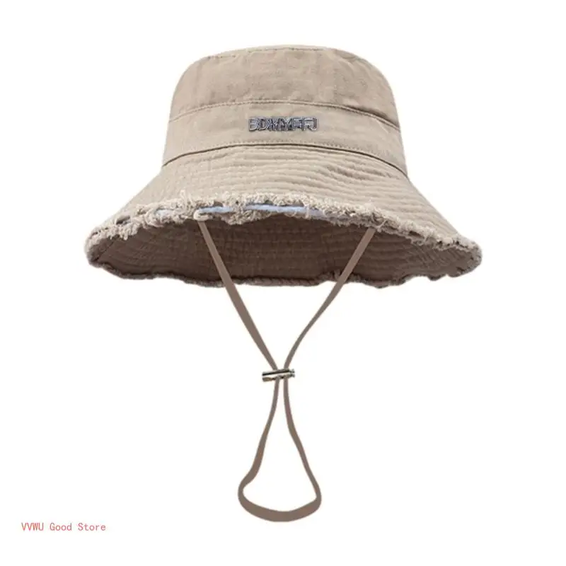 Adult Frayed Design Fisherman Hat Wide Brim Sunproof Bucket Hat Summer