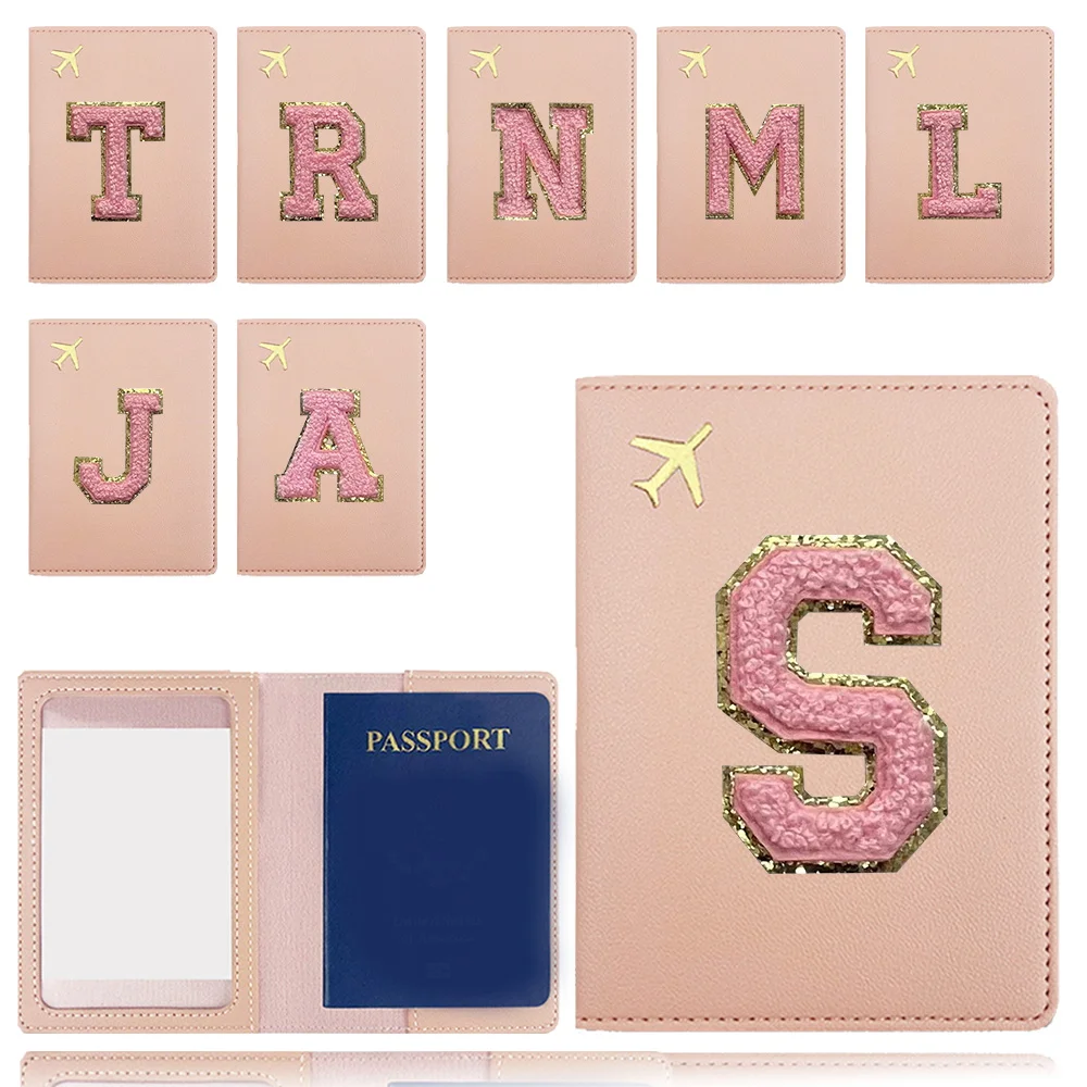 

PU Passport Organizer Case Passport Holder Boarding Pass Container For Business Initial Chenille Embroidery Letter Pink Pattern