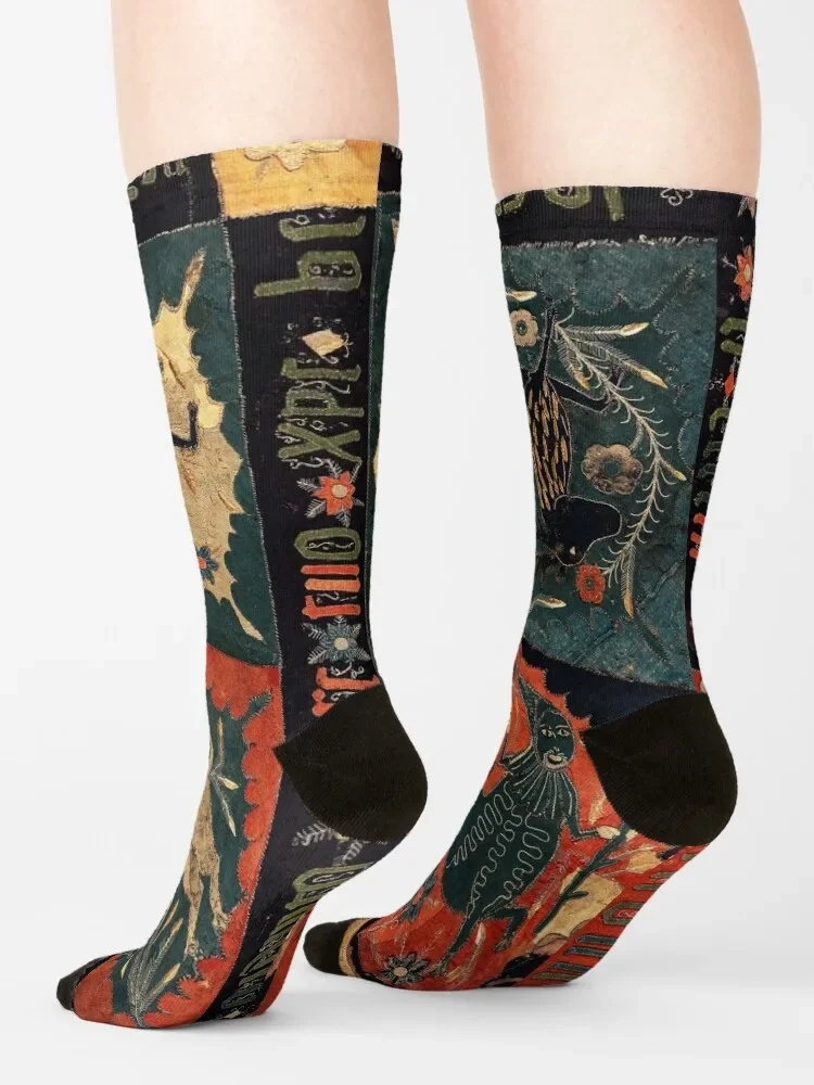 MEDIEVAL BESTIARY, DEER, UNICORN,CENTAUR AND LION Red Blue Antique Scandinavian Embroidery Socks custom Women Socks Men\'s