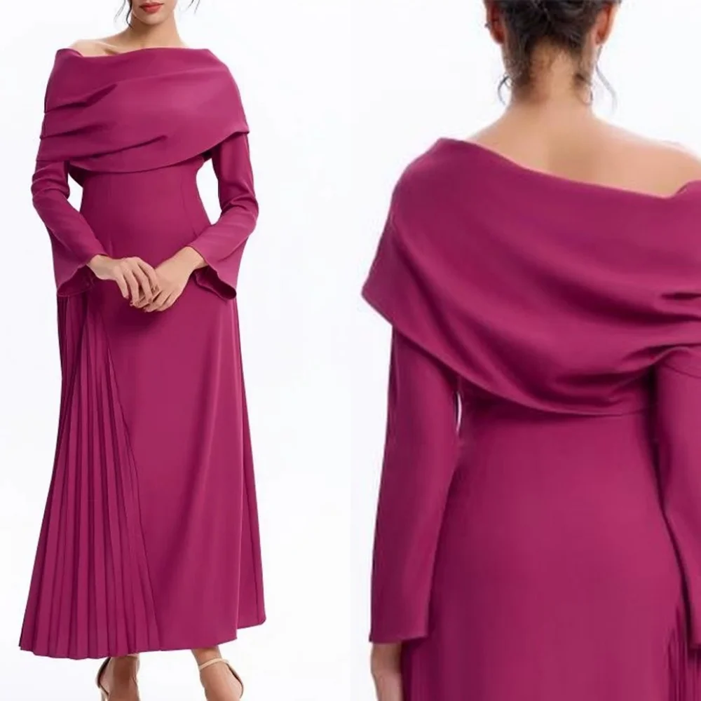 

Customized Temperament Red Jersey Evening Dress High Quality Boat Neck Off the Shoulder Long Sleeves Special Occasion Gowns