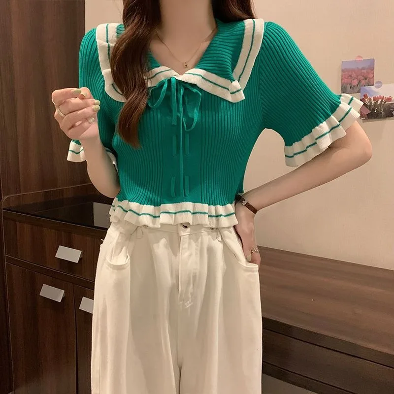 Short-sleeved T-shirts Women Summer French Style Ruffles Peter Pan Collar Bow Lace-up Office Lady Daily Basics Short Tops Female