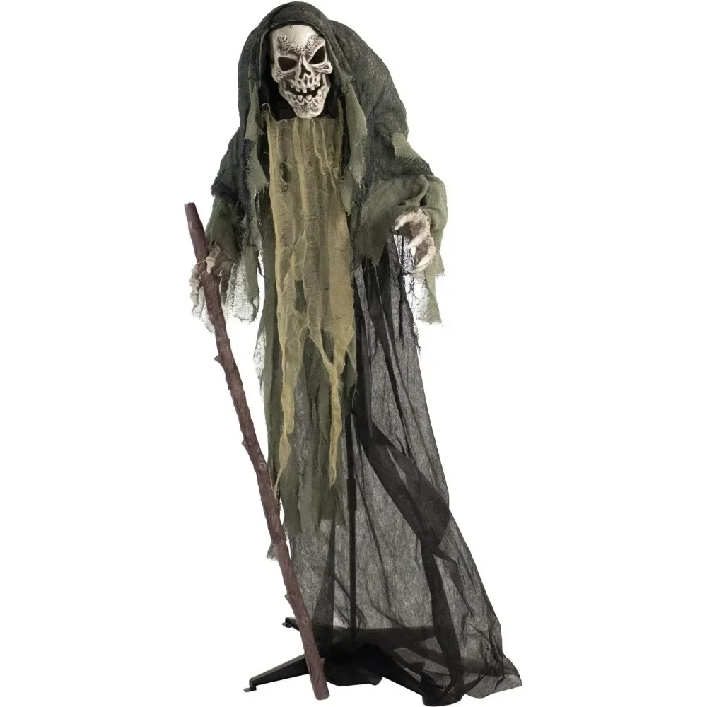 Halloween Ghost ， Life-Size Scary Skeleton Reaper Holding Staff, Halloween Animatronic With Touch Activated Lig