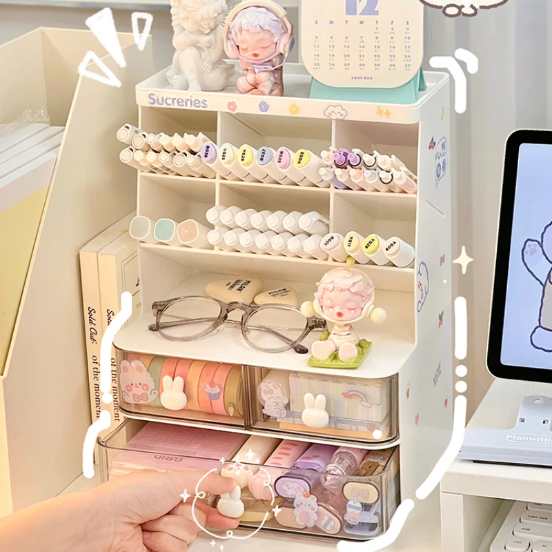 Kawaii Desktop Pen Holder Multifunction Study Table Kids Storage Rack Student Storage Box Cute Pen Holder Stationery Organizer