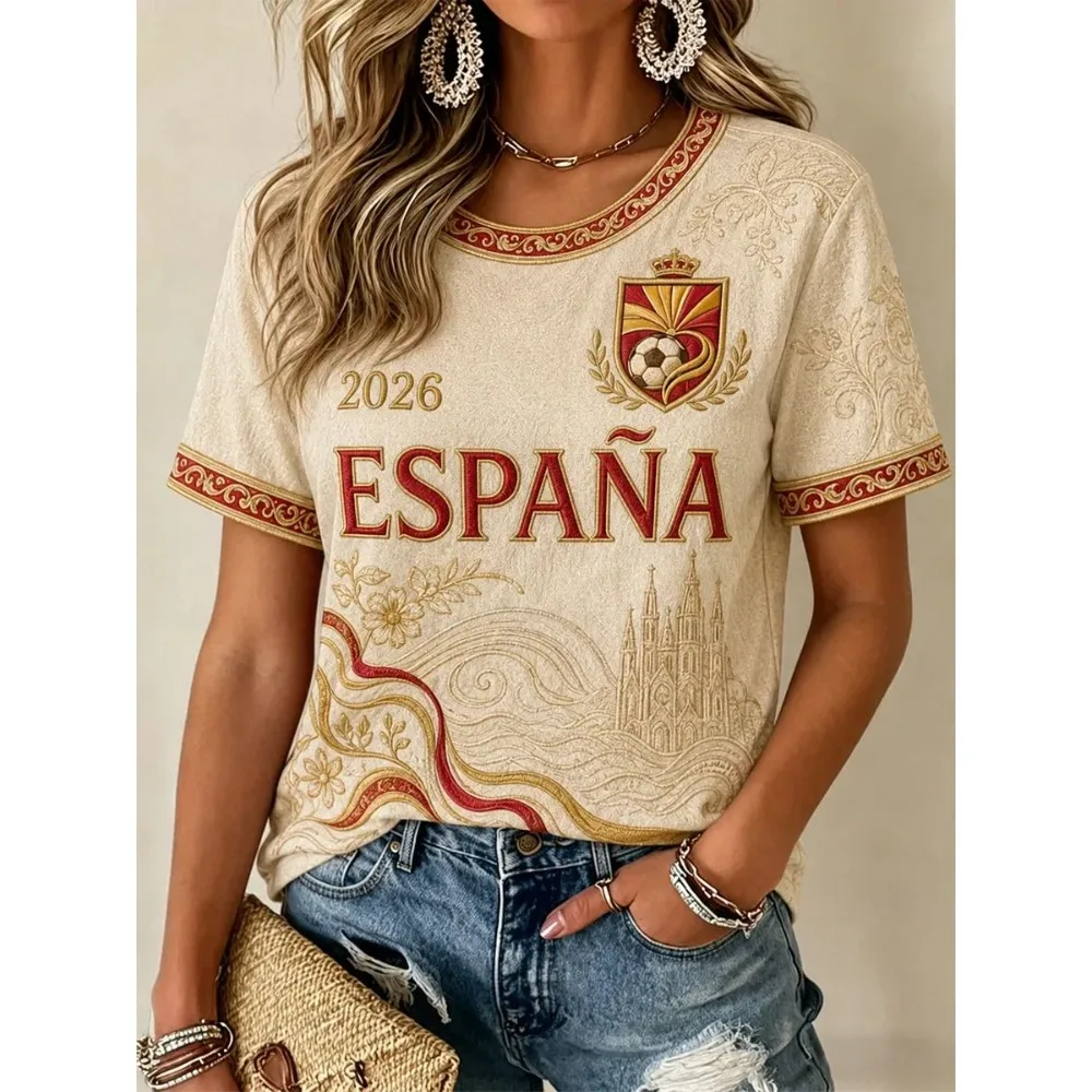2026 Edition Spanish Fans Football Training TShirt 3D Digital Printing Comfortable Breathable Women Clothing O Neck Summer Top