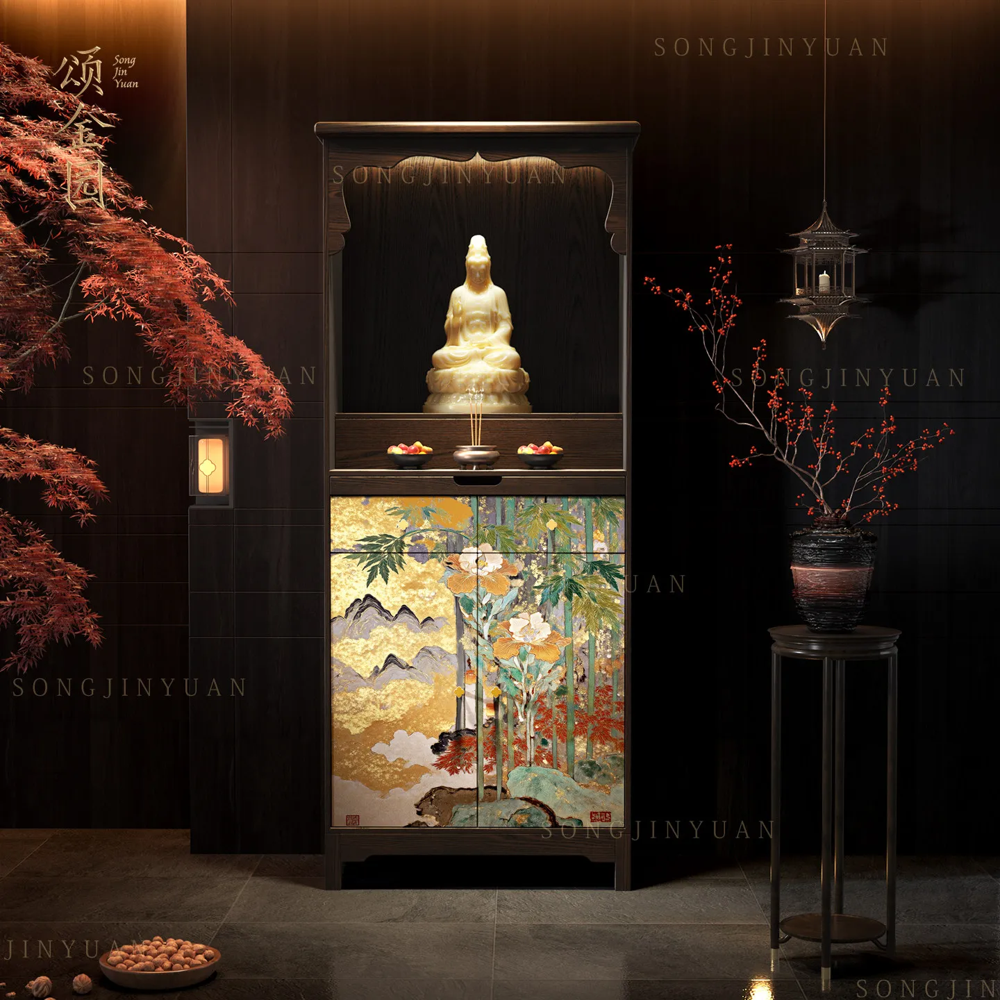 LX household solid wood new Chinese-style Buddhist niche cabinet, auspicious and safe offering vertical cabinet